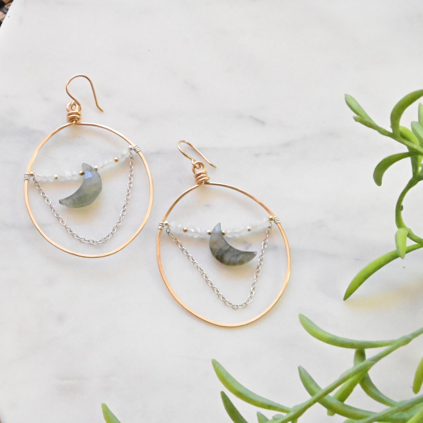 Hammered Hoops: Labradorite + Moonstone Earrings