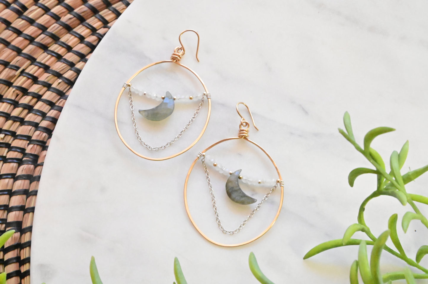Hammered Hoops: Labradorite + Moonstone Earrings