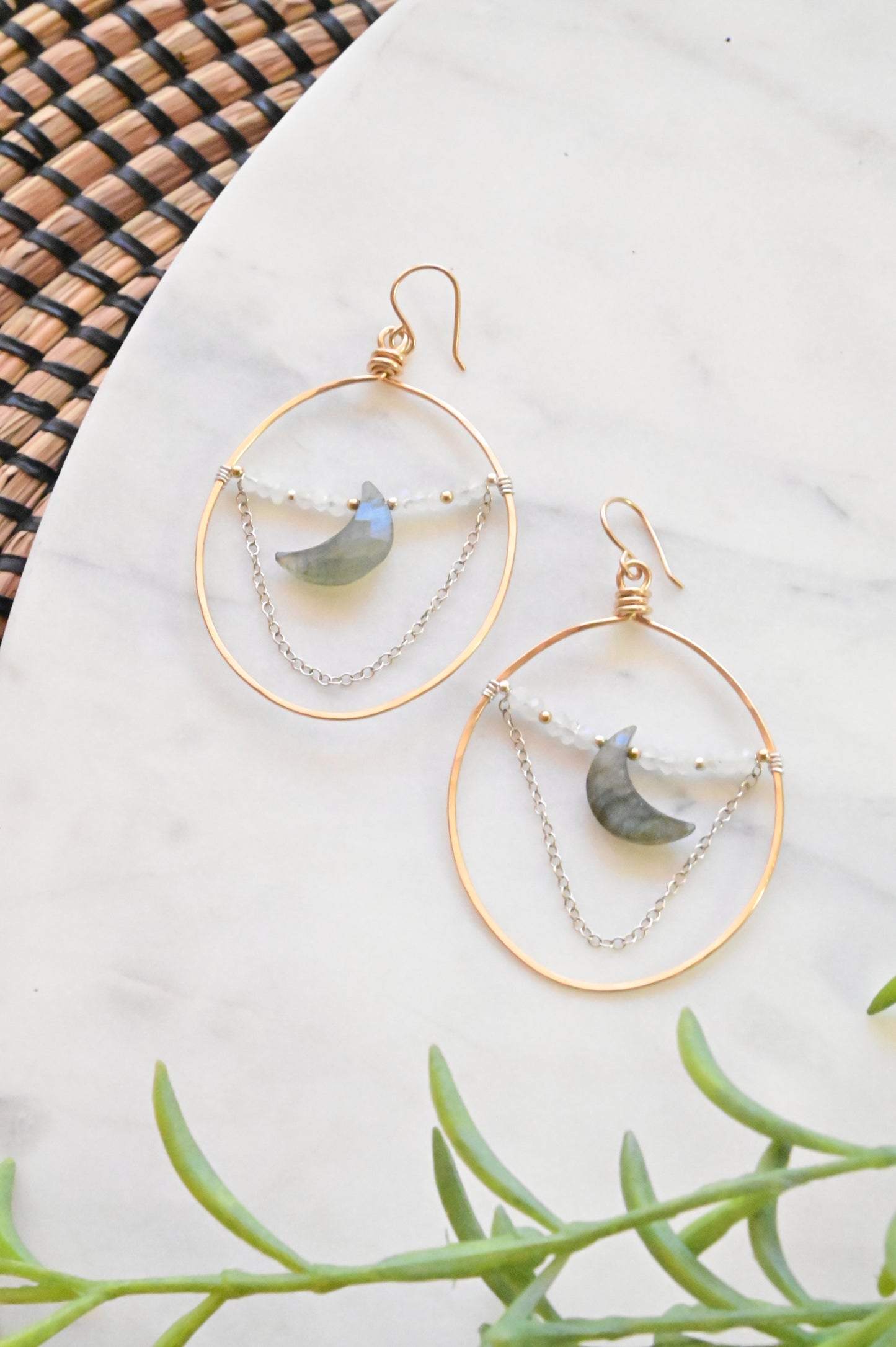 Hammered Hoops: Labradorite + Moonstone Earrings