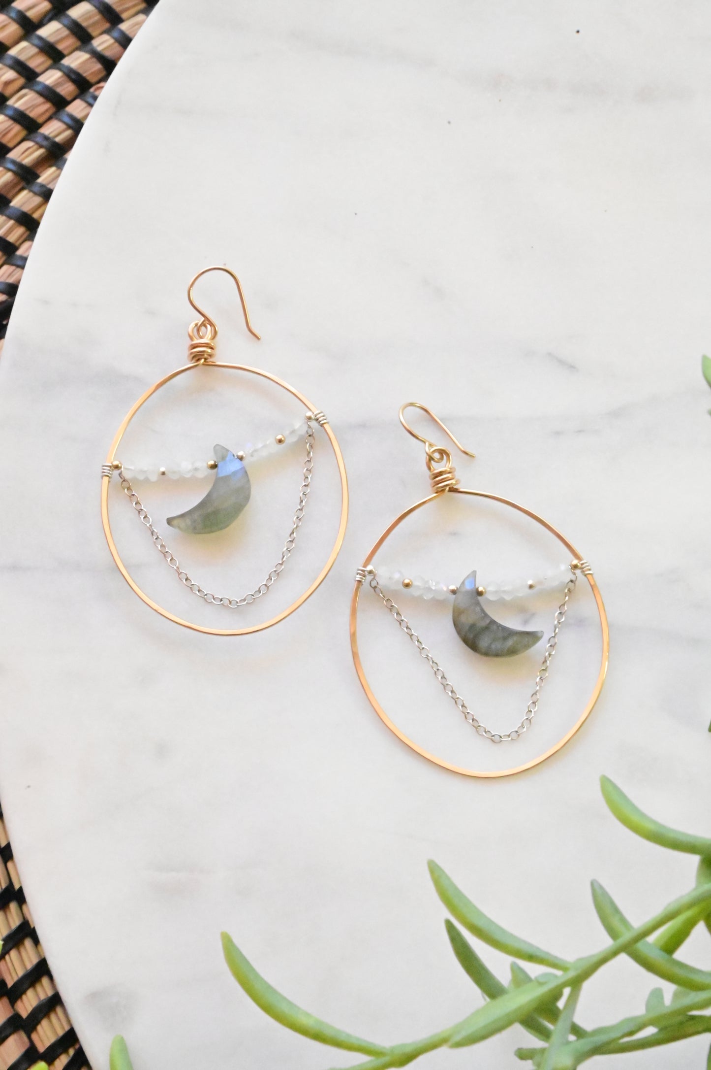 Hammered Hoops: Labradorite + Moonstone Earrings