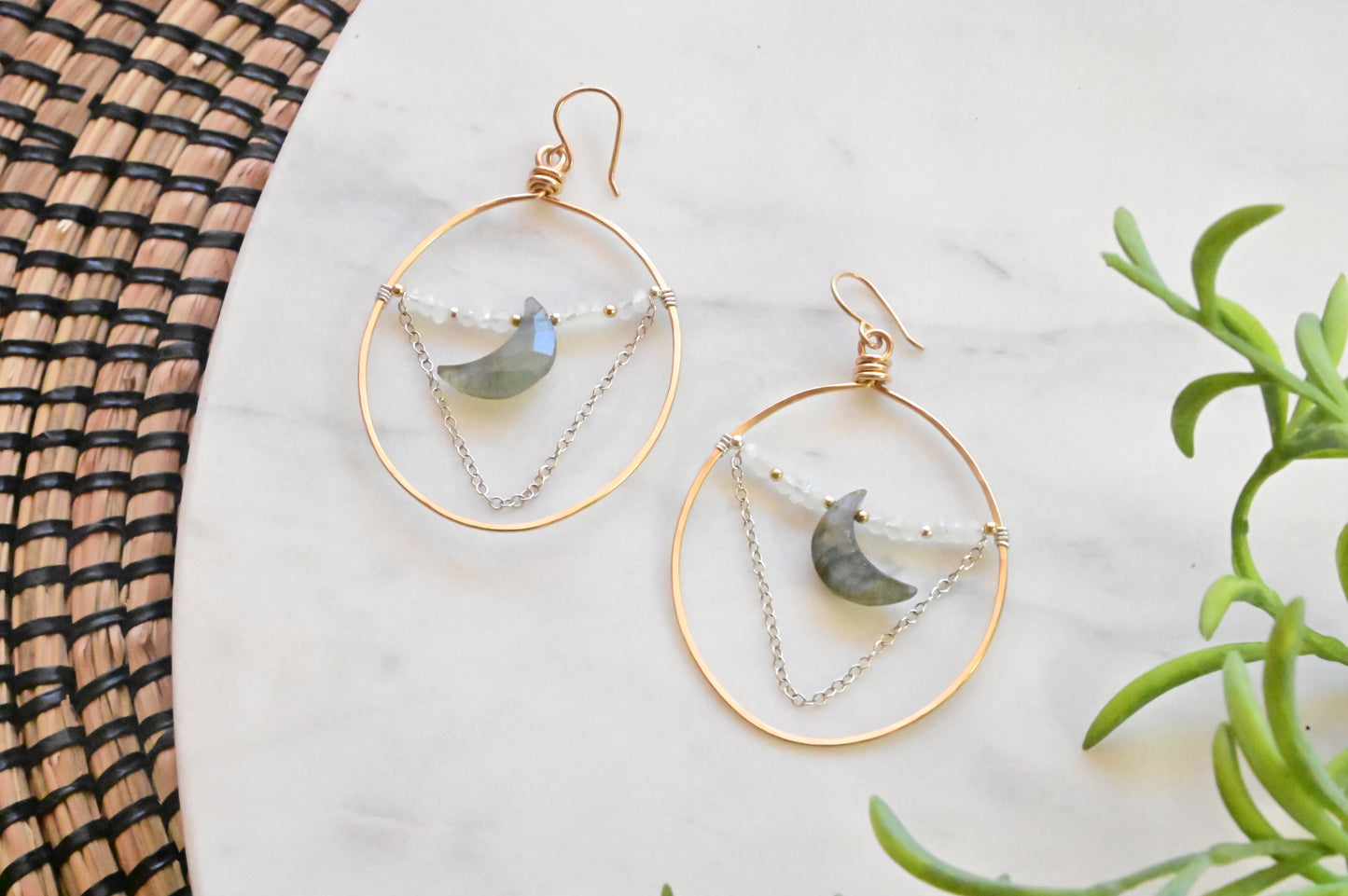 Hammered Hoops: Labradorite + Moonstone Earrings