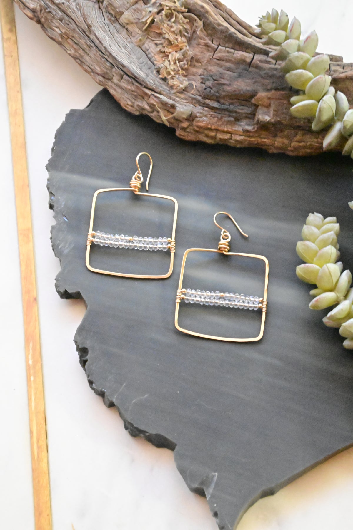 Hammered Hoops: Brazilian Quartz + Gold Earrings