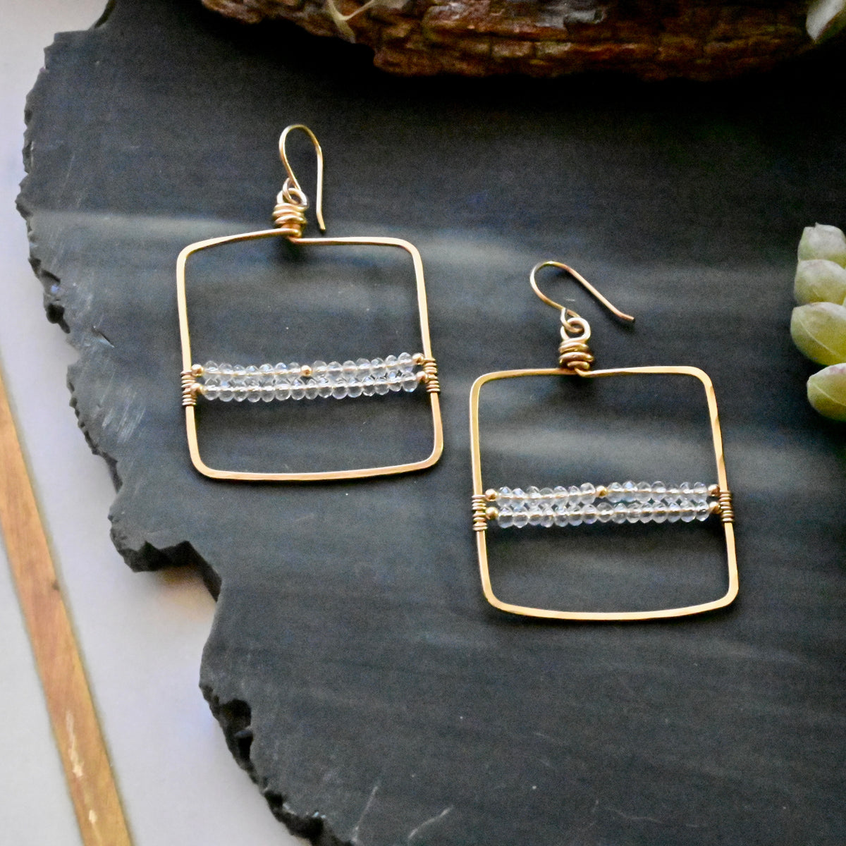 Hammered Hoops: Brazilian Quartz + Gold Earrings