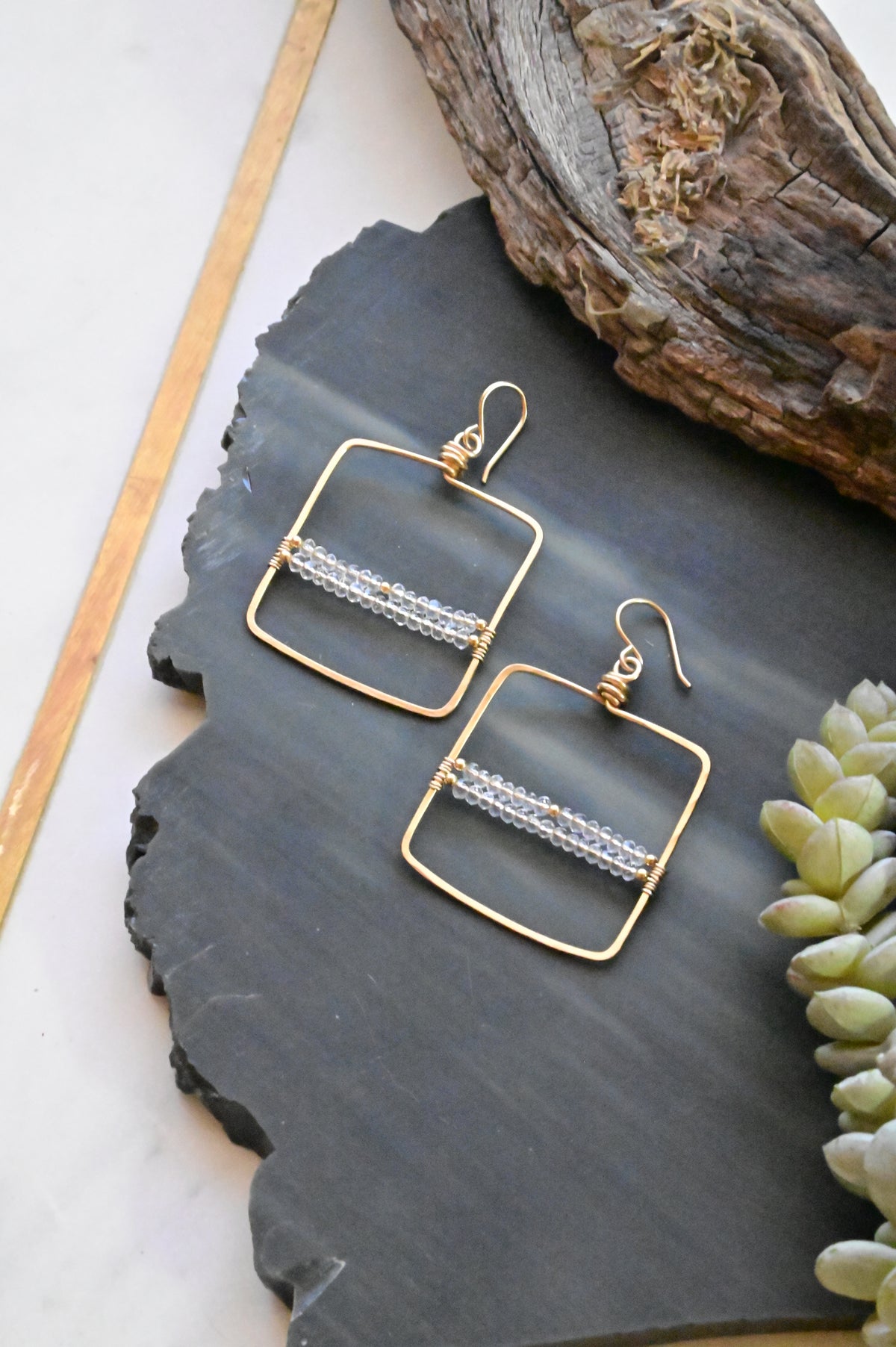 Hammered Hoops: Brazilian Quartz + Gold Earrings