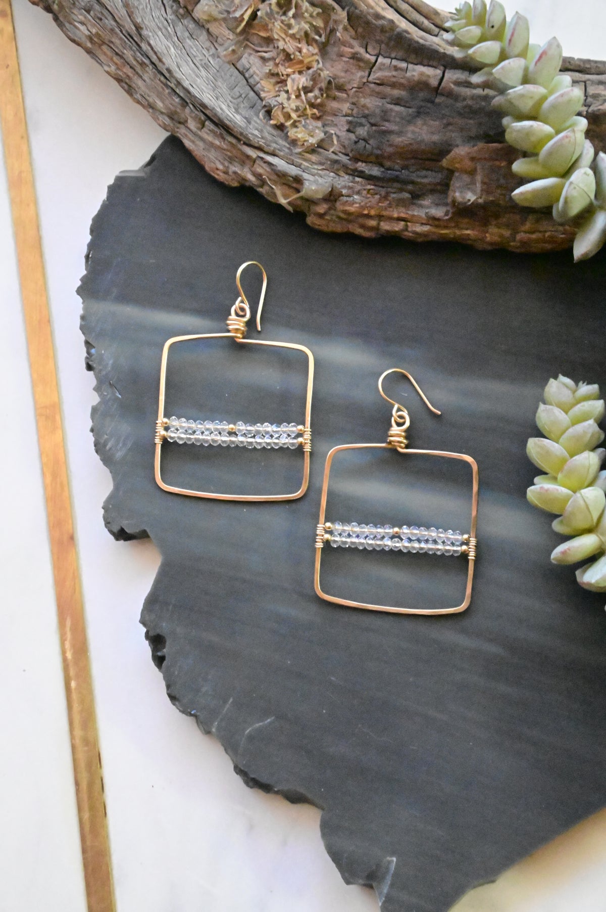 Hammered Hoops: Brazilian Quartz + Gold Earrings