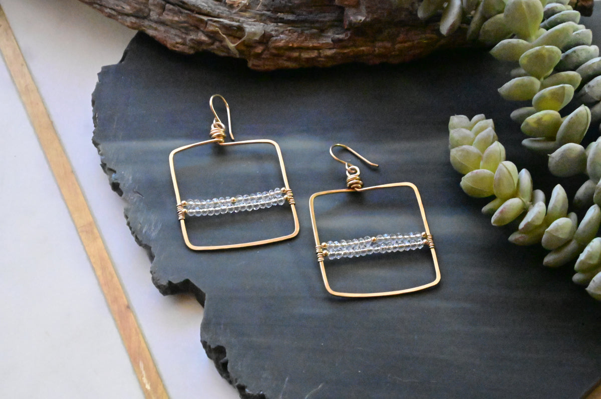 Hammered Hoops: Brazilian Quartz + Gold Earrings