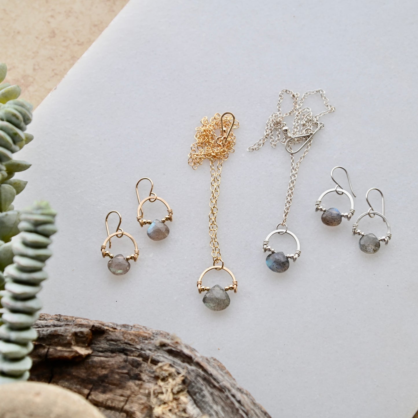 Hammered Hoops: Labradorite Necklace + Earrings