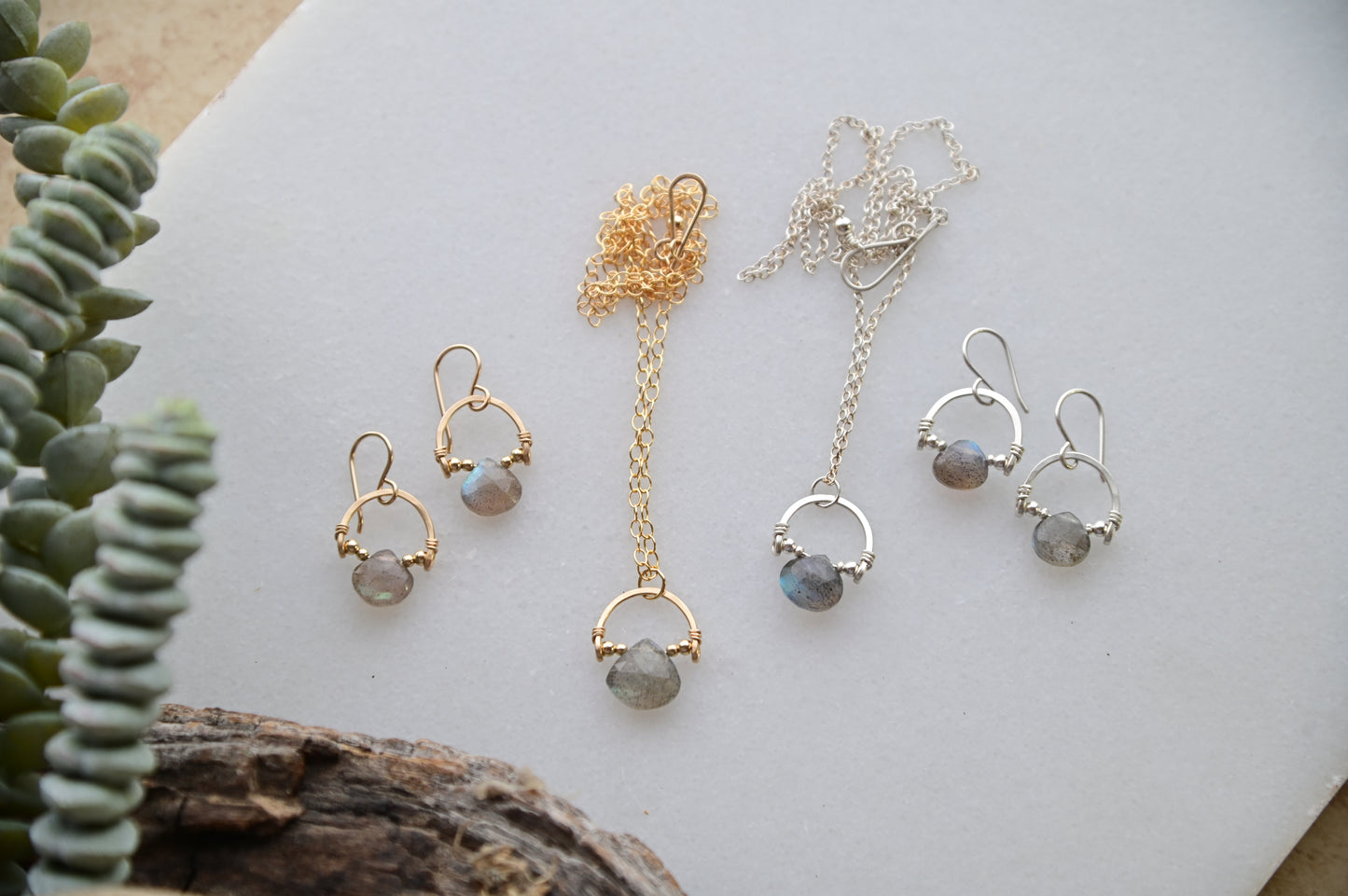 Hammered Hoops: Labradorite Necklace + Earrings