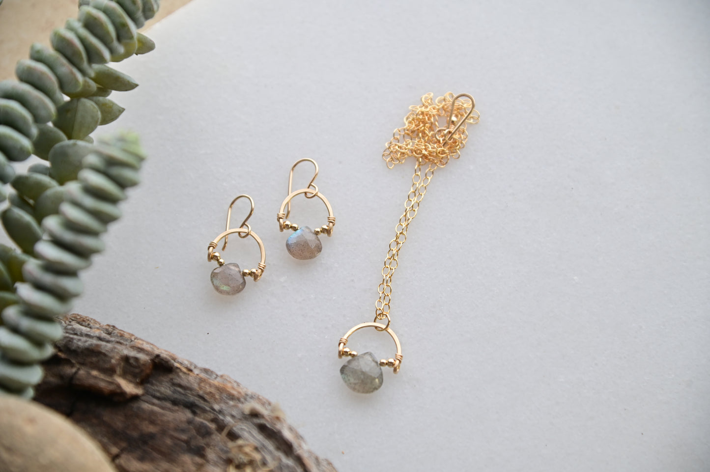 Hammered Hoops: Labradorite Necklace + Earrings
