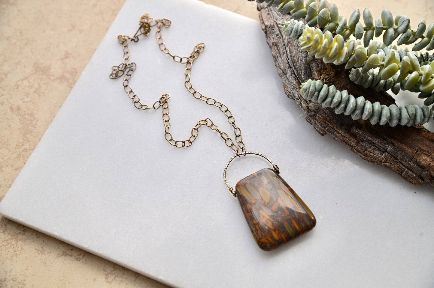 Hammered Hoops: Boulder Opal + Brass Necklace