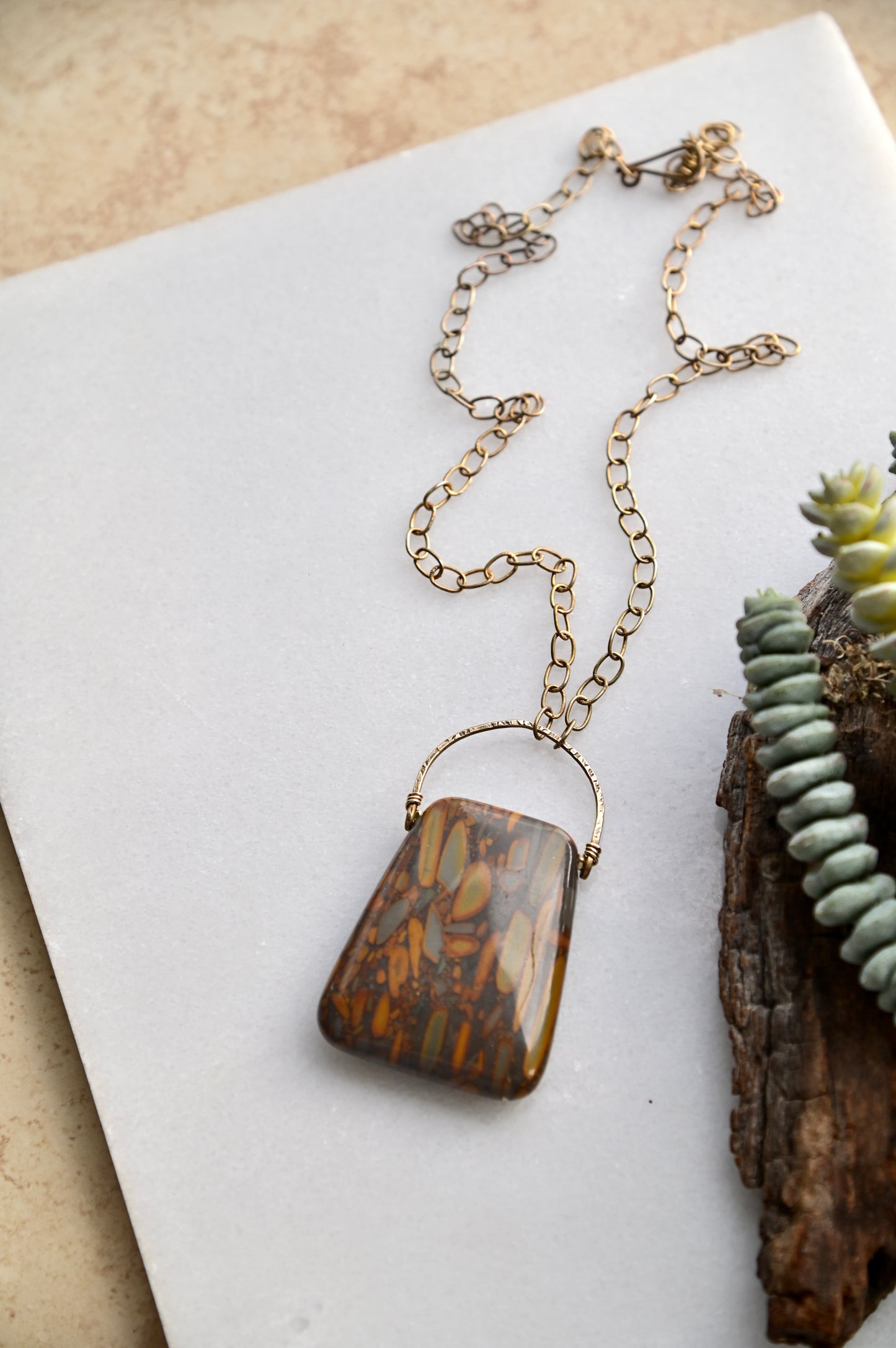 Hammered Hoops: Boulder Opal + Brass Necklace