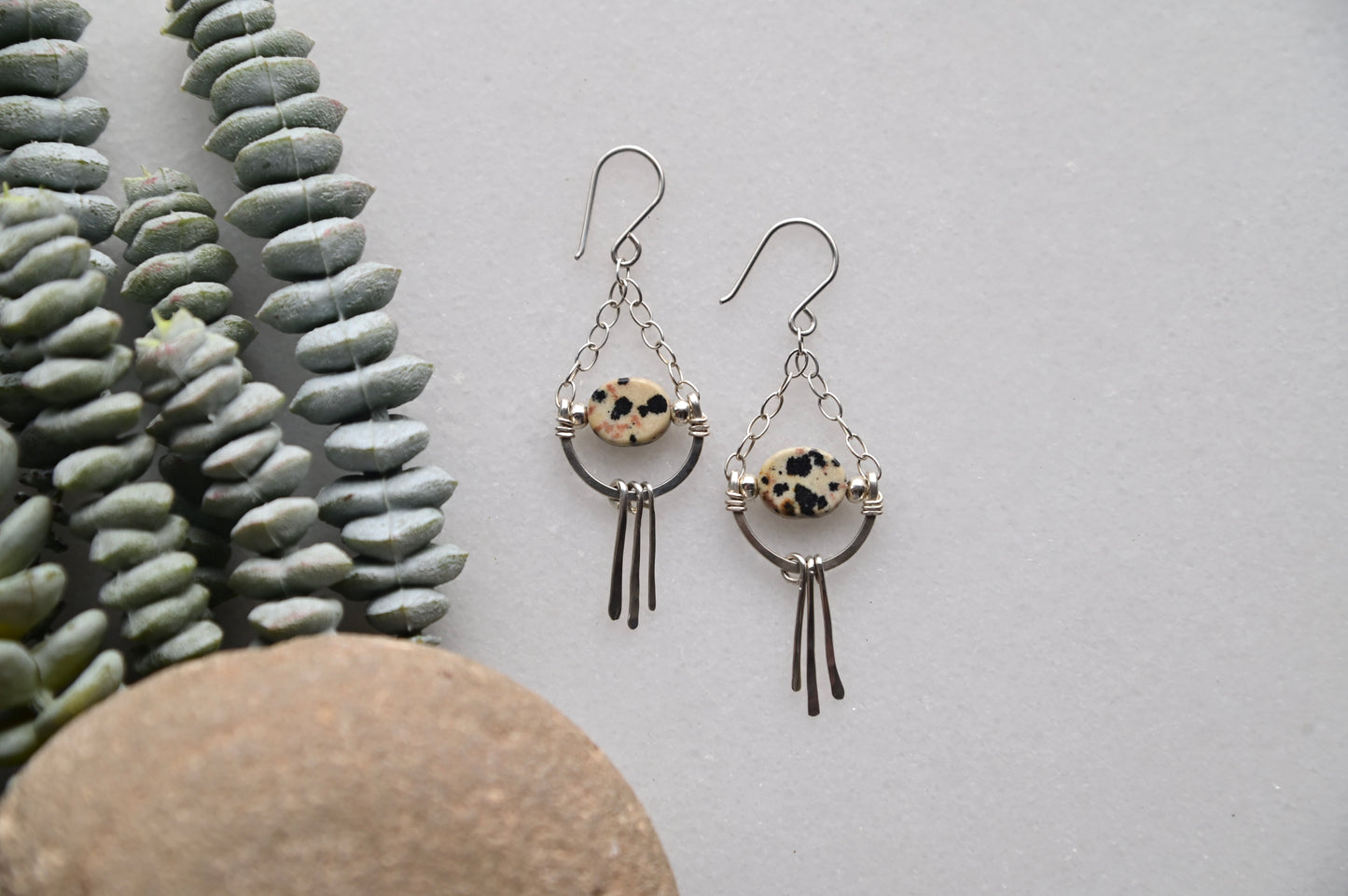 Hammered Hoops: Dalmatian Jasper + Silver Earrings