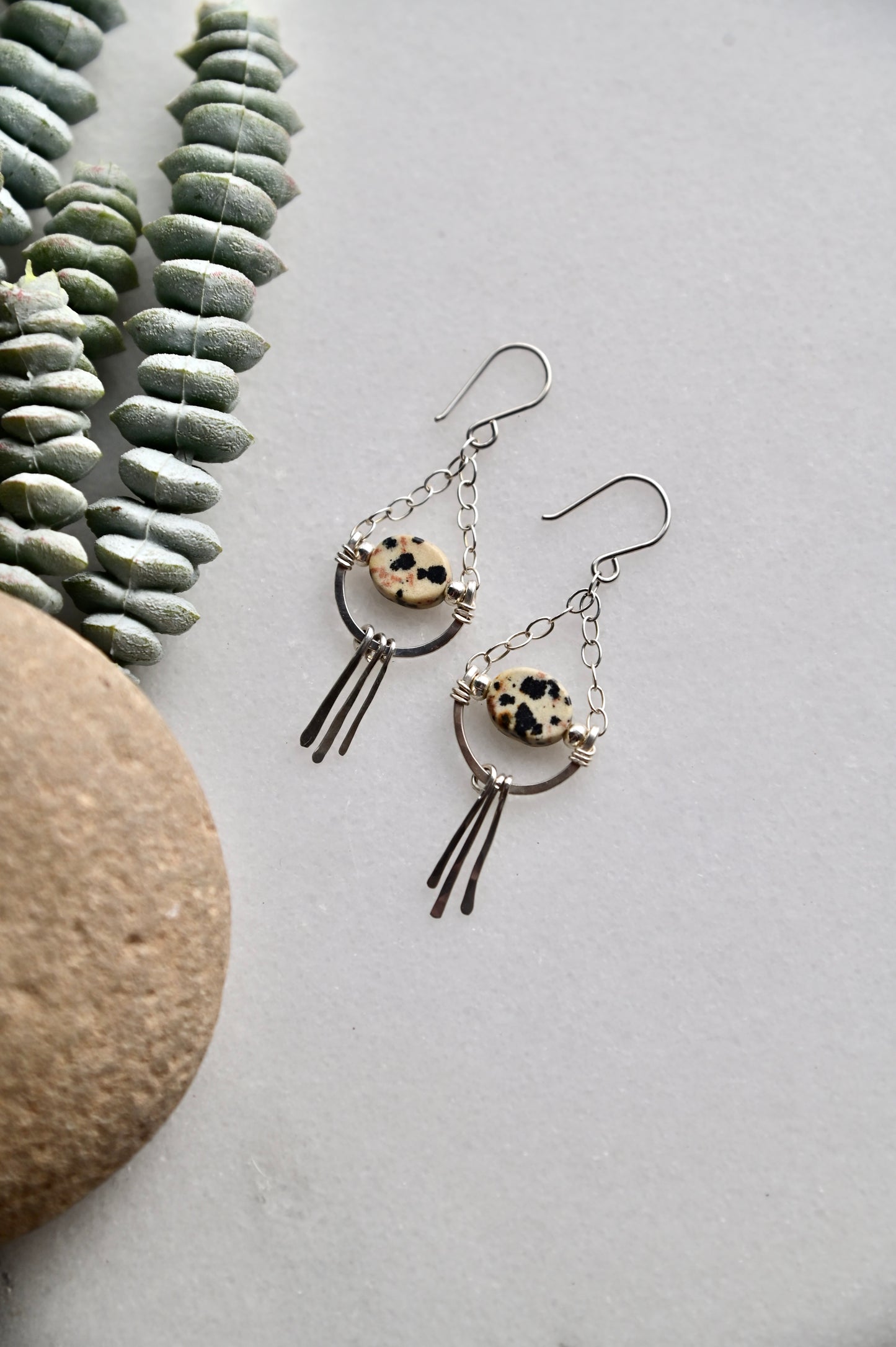Hammered Hoops: Dalmatian Jasper + Silver Earrings