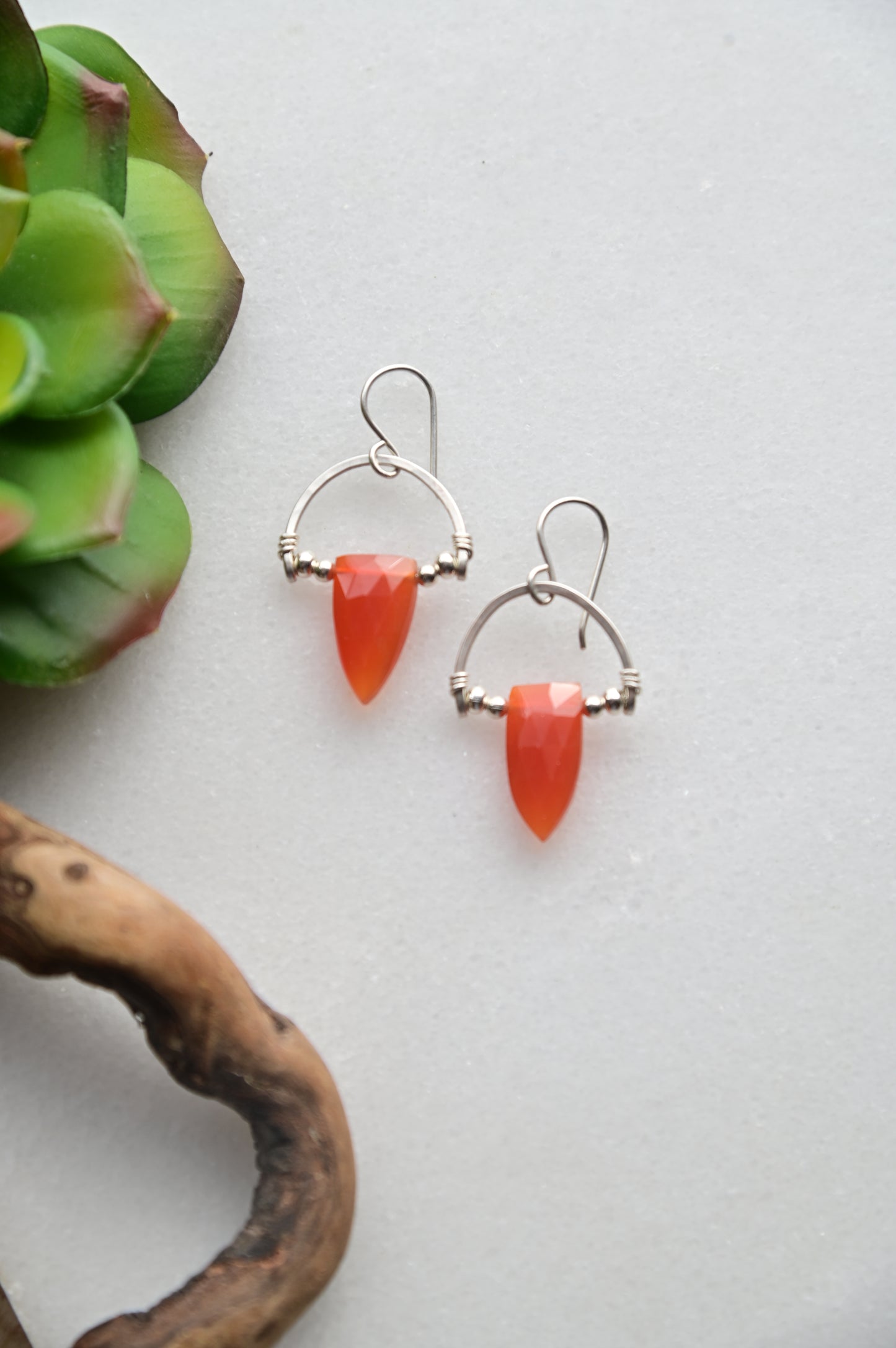 Hammered Hoops: Red Onyx + Silver Earrings