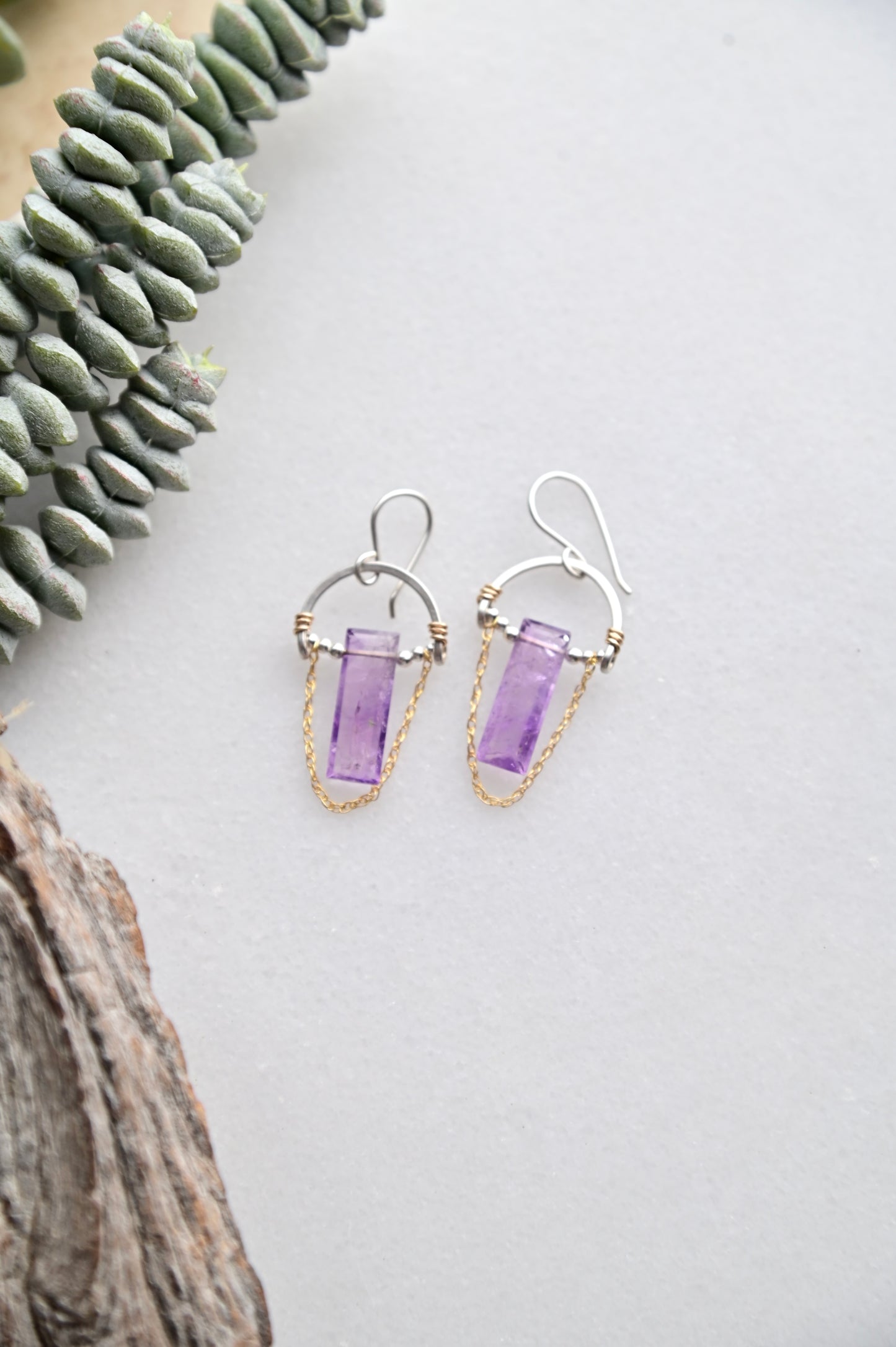 Hammered Hoops: Amethyst Mixed Metal Earrings
