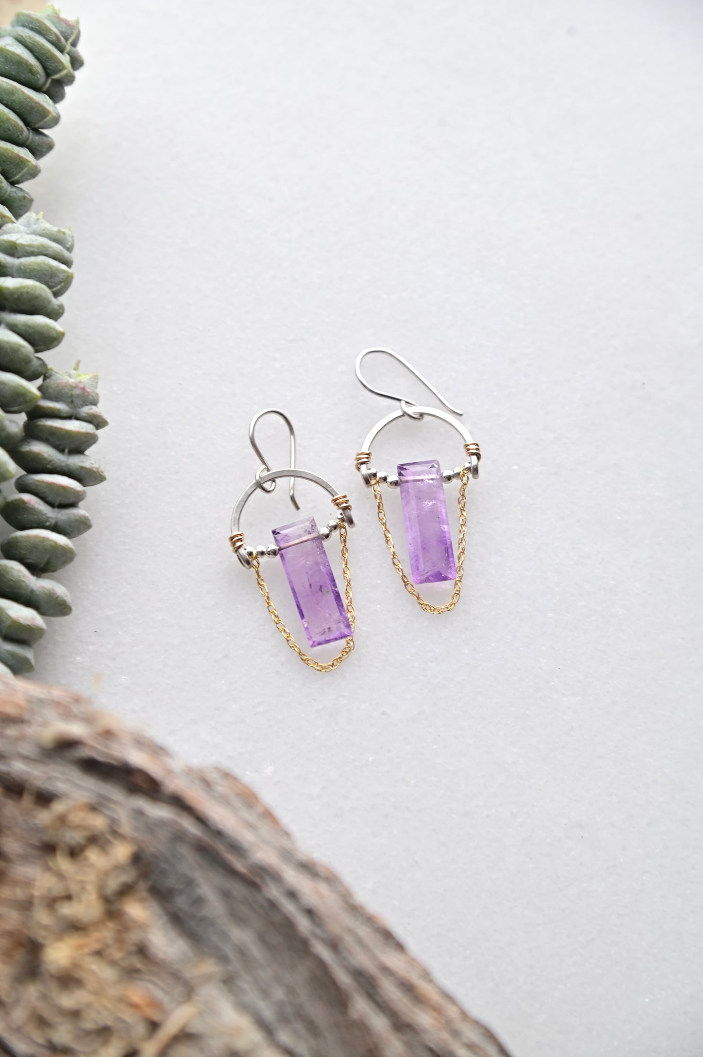 Hammered Hoops: Amethyst Mixed Metal Earrings