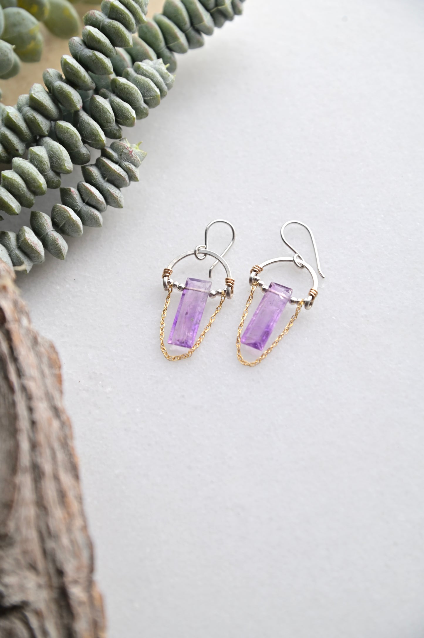 Hammered Hoops: Amethyst Mixed Metal Earrings