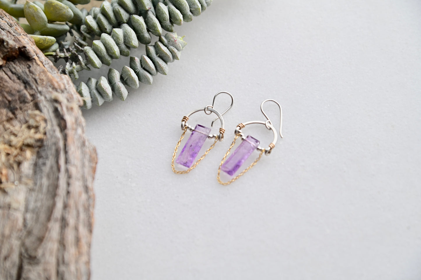 Hammered Hoops: Amethyst Mixed Metal Earrings