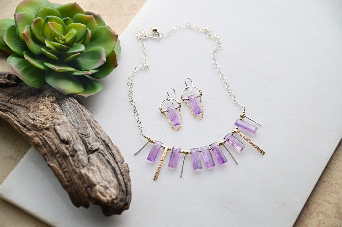 Hammered Hoops: Amethyst Mixed Metal Earrings