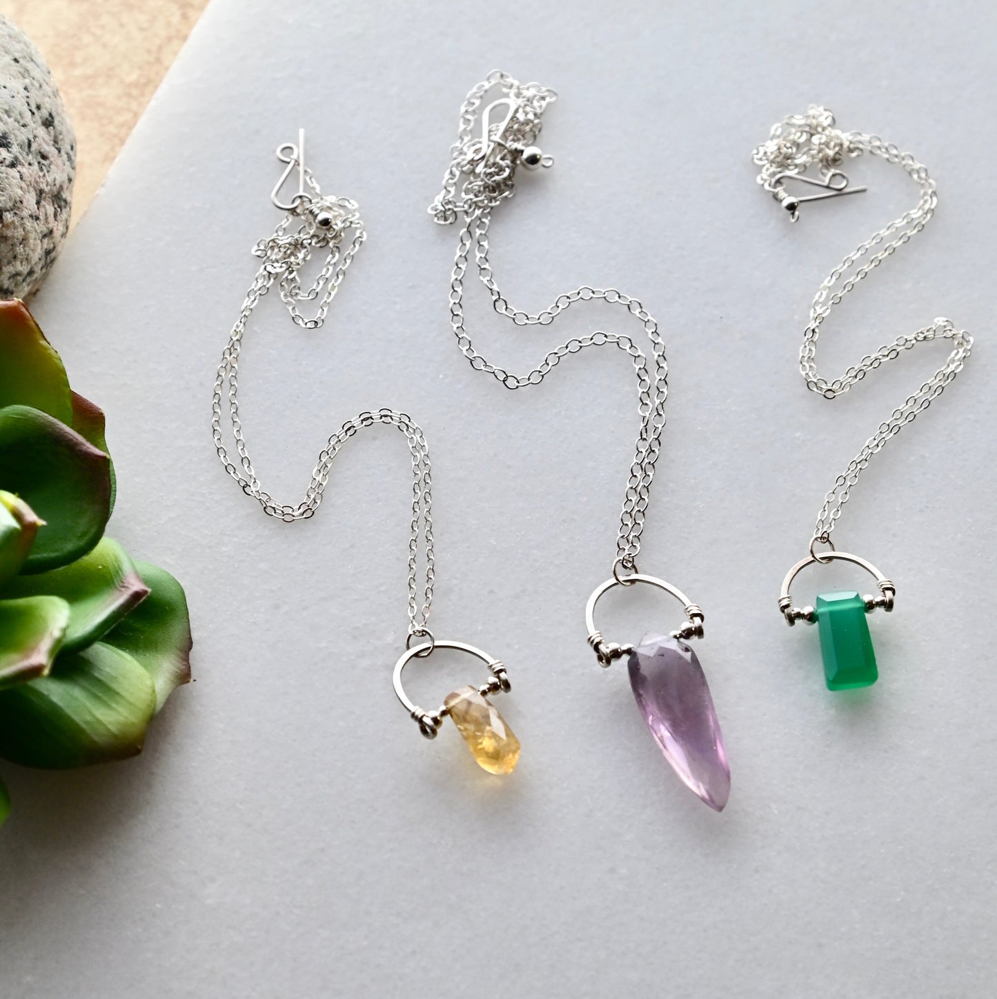 Hammered Hoops: Gemstone + Silver Necklaces