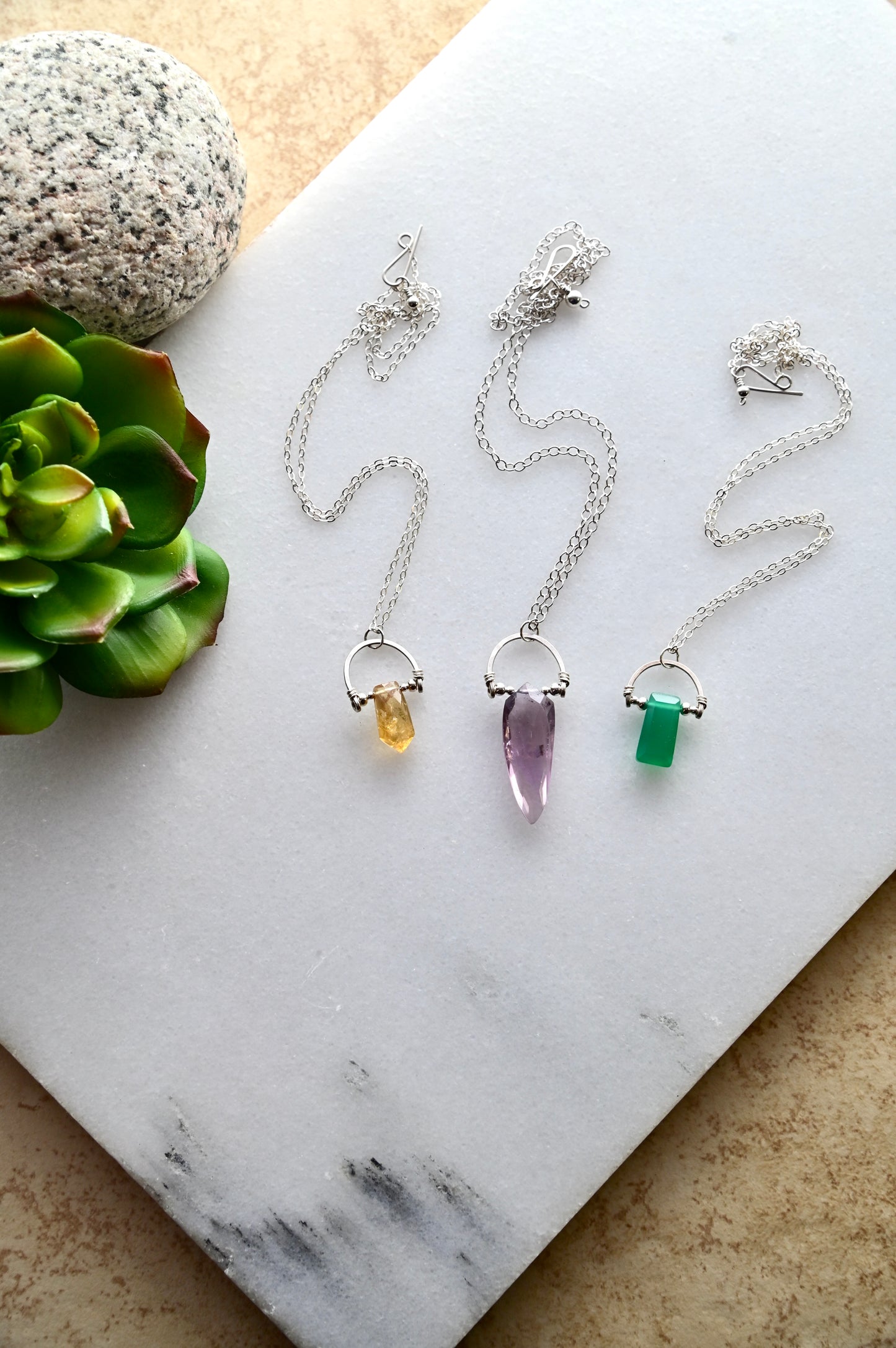 Hammered Hoops: Gemstone + Silver Necklaces