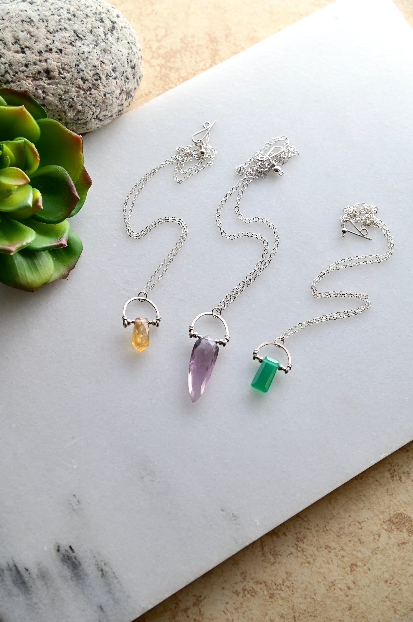Hammered Hoops: Gemstone + Silver Necklaces