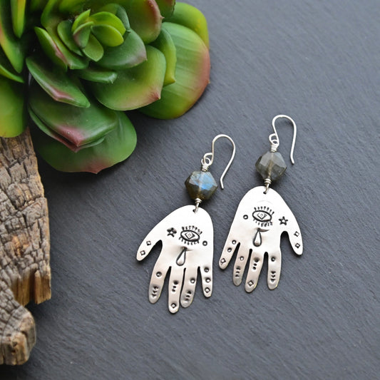 Silver Elements: Labradorite + Silver Hand Earrings