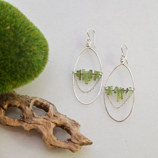 Hammered Hoops: Green Tourmaline + Silver Earrings