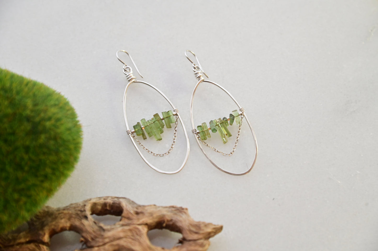 Hammered Hoops: Green Tourmaline + Silver Earrings