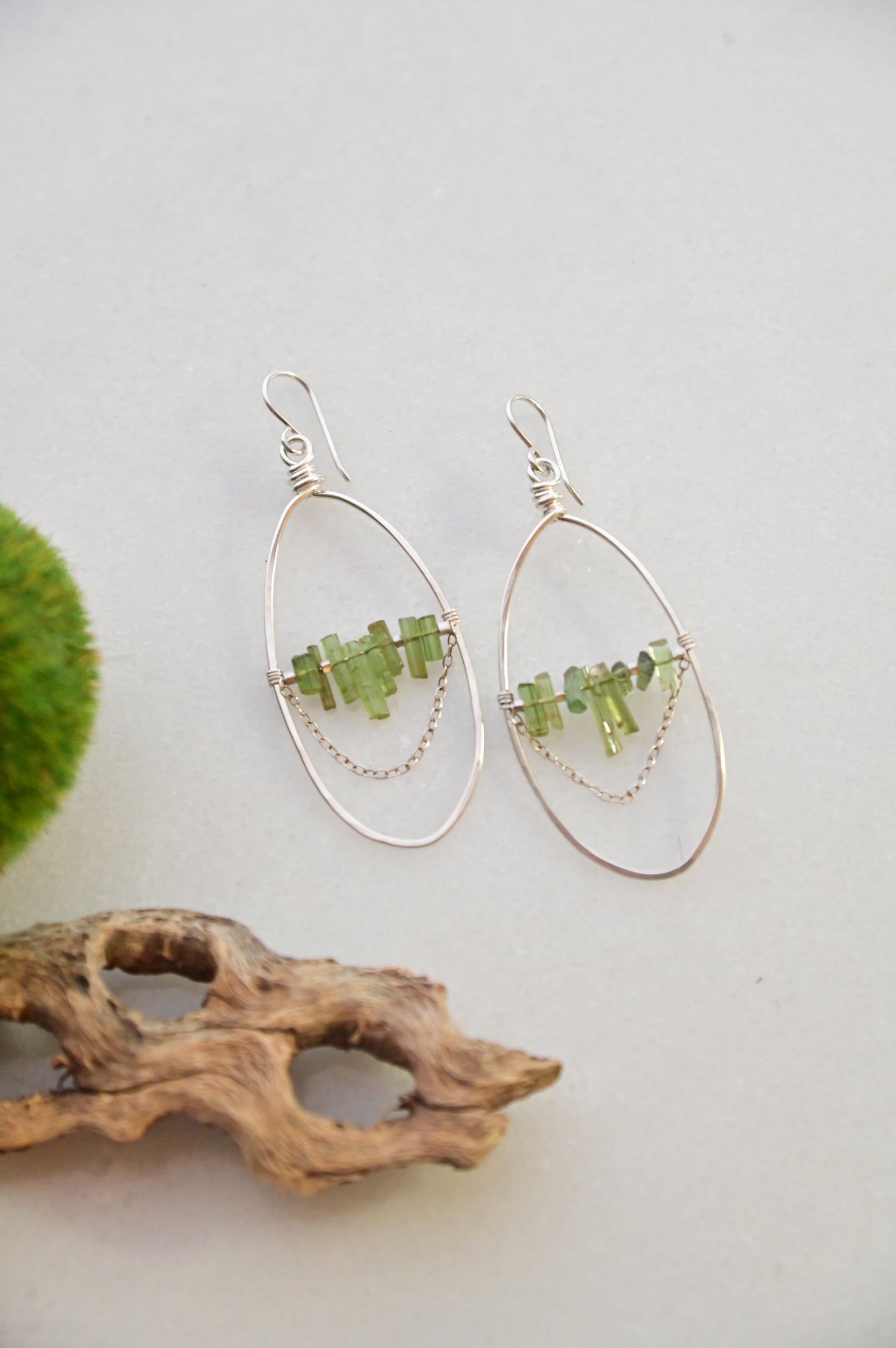Hammered Hoops: Green Tourmaline + Silver Earrings