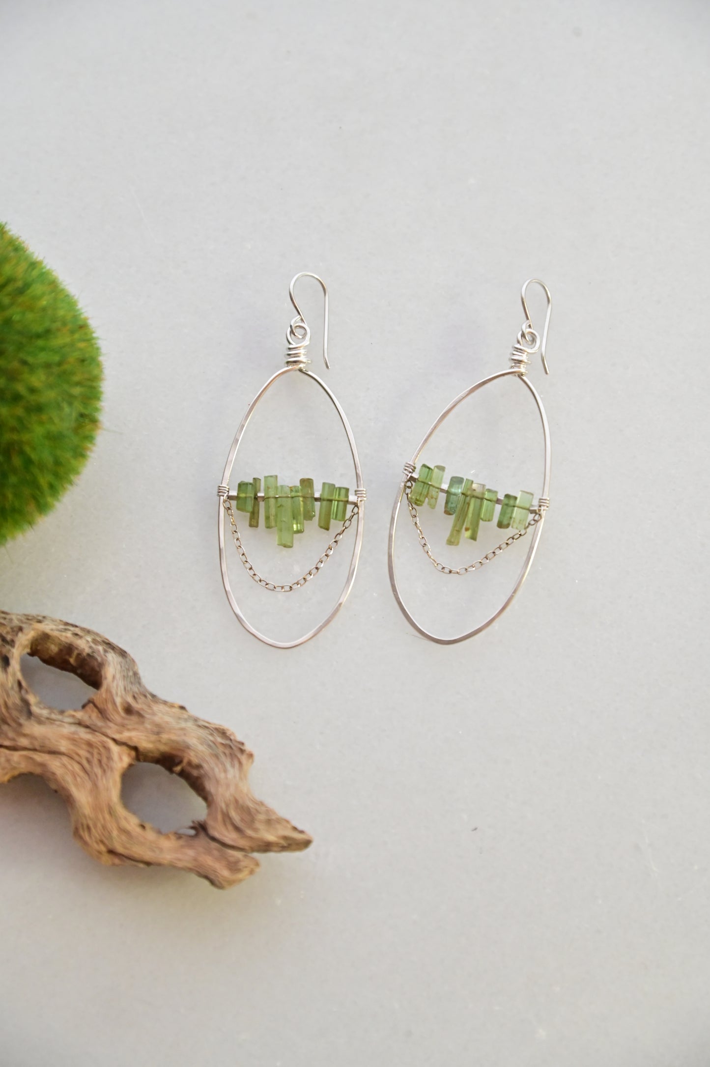 Hammered Hoops: Green Tourmaline + Silver Earrings