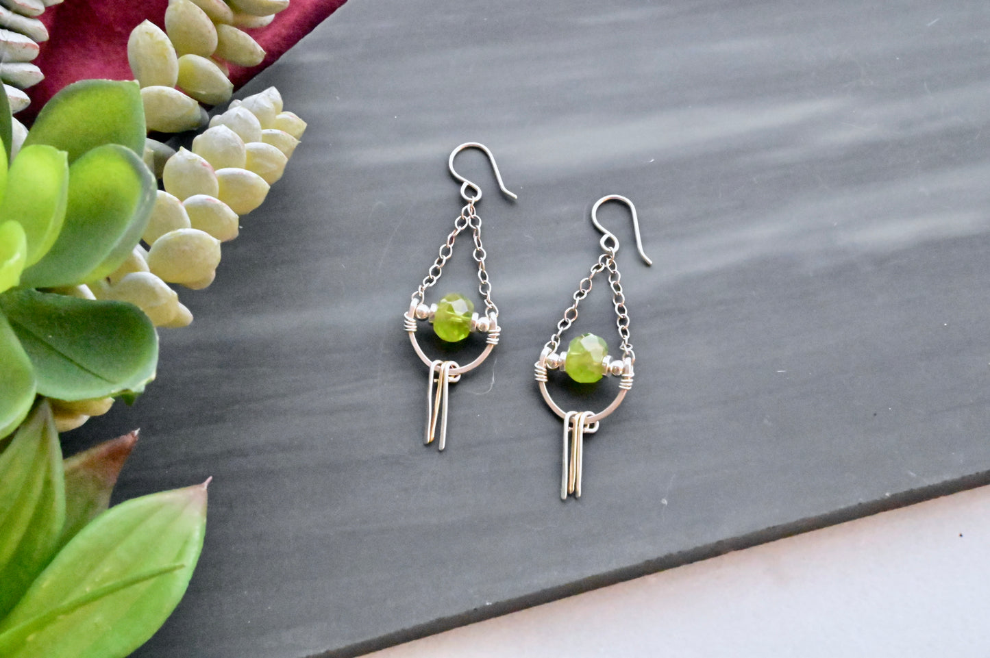 Hammered Hoops: Peridot + Silver + Gold Earrings