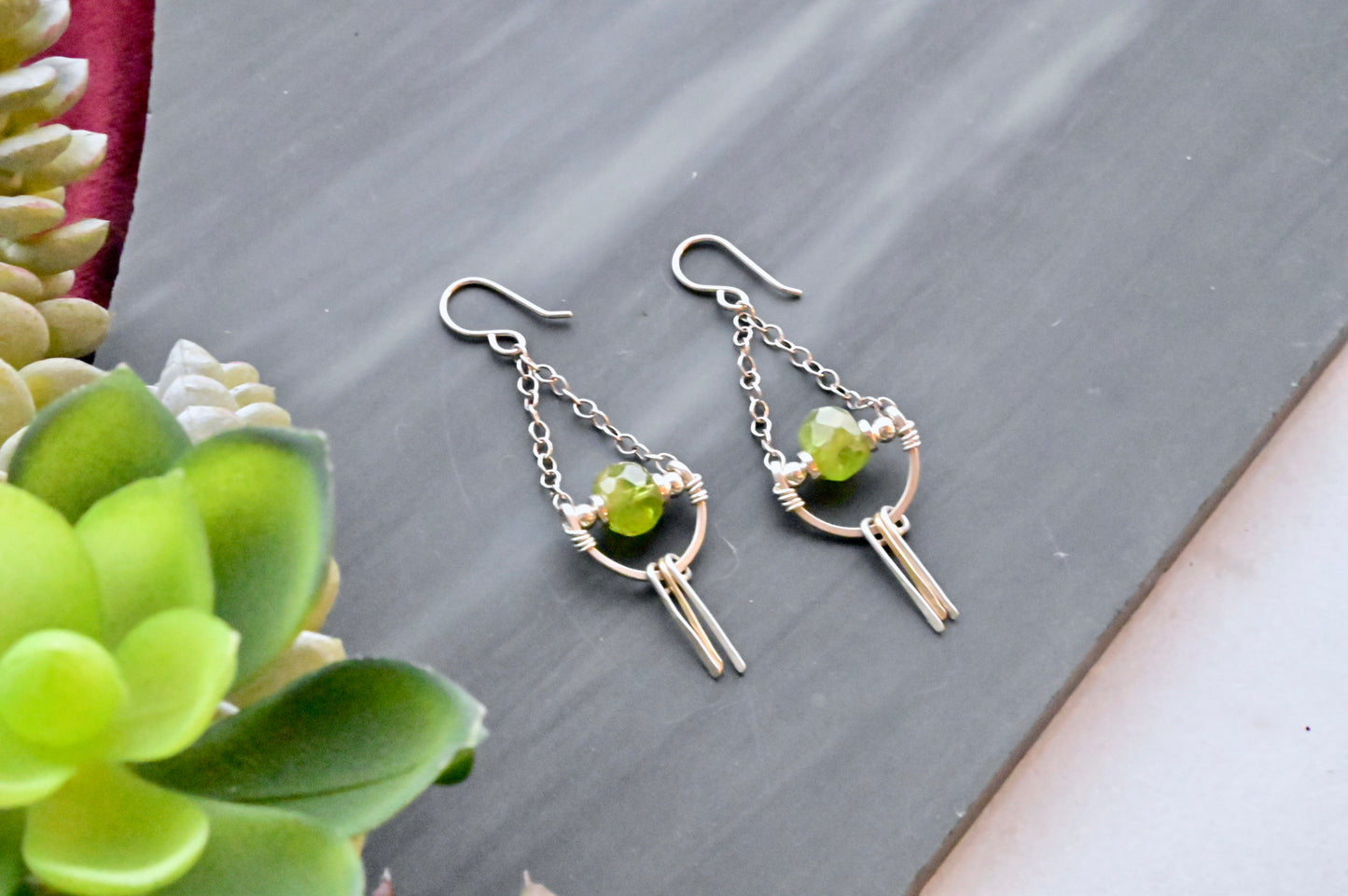 Hammered Hoops: Peridot + Silver + Gold Earrings