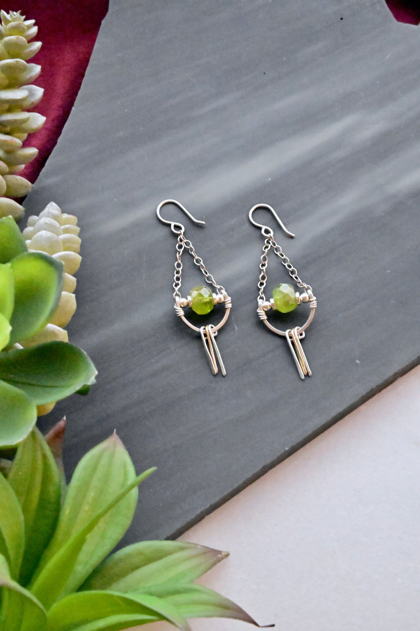 Hammered Hoops: Peridot + Silver + Gold Earrings