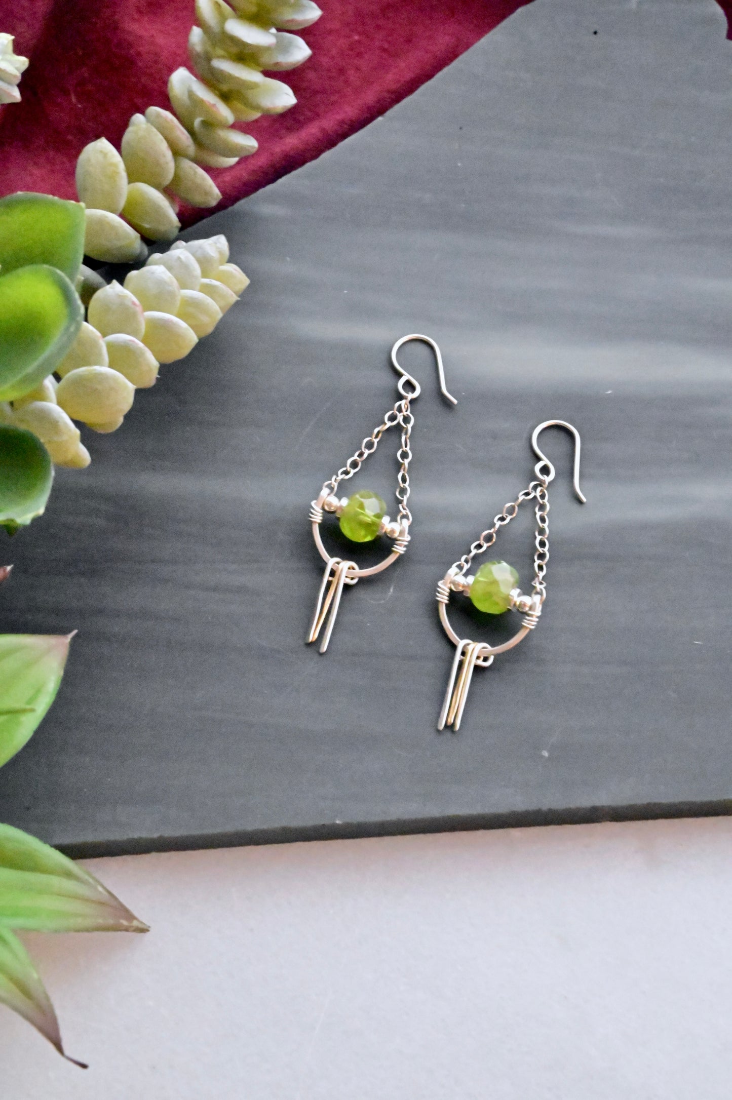 Hammered Hoops: Peridot + Silver + Gold Earrings