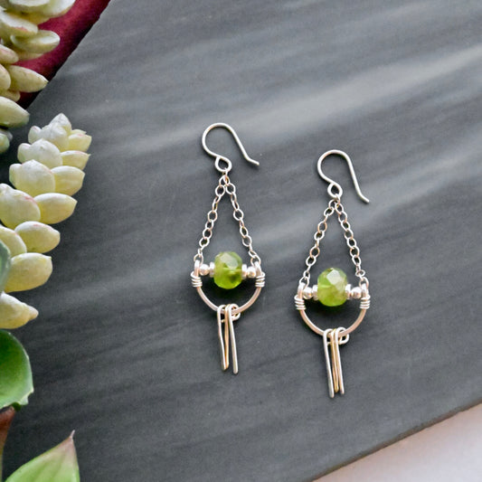 Hammered Hoops: Peridot + Silver + Gold Earrings