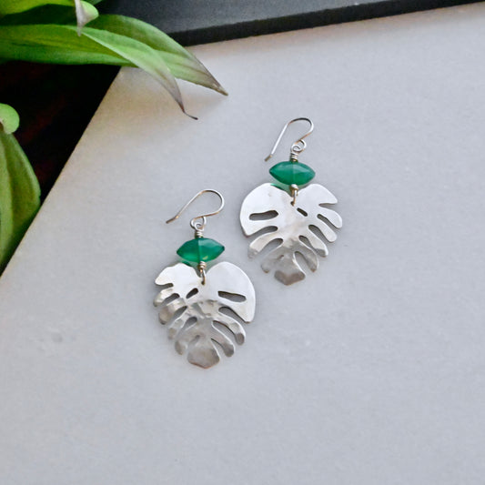 Silver Elements: Green Onyx Monstera Earrings