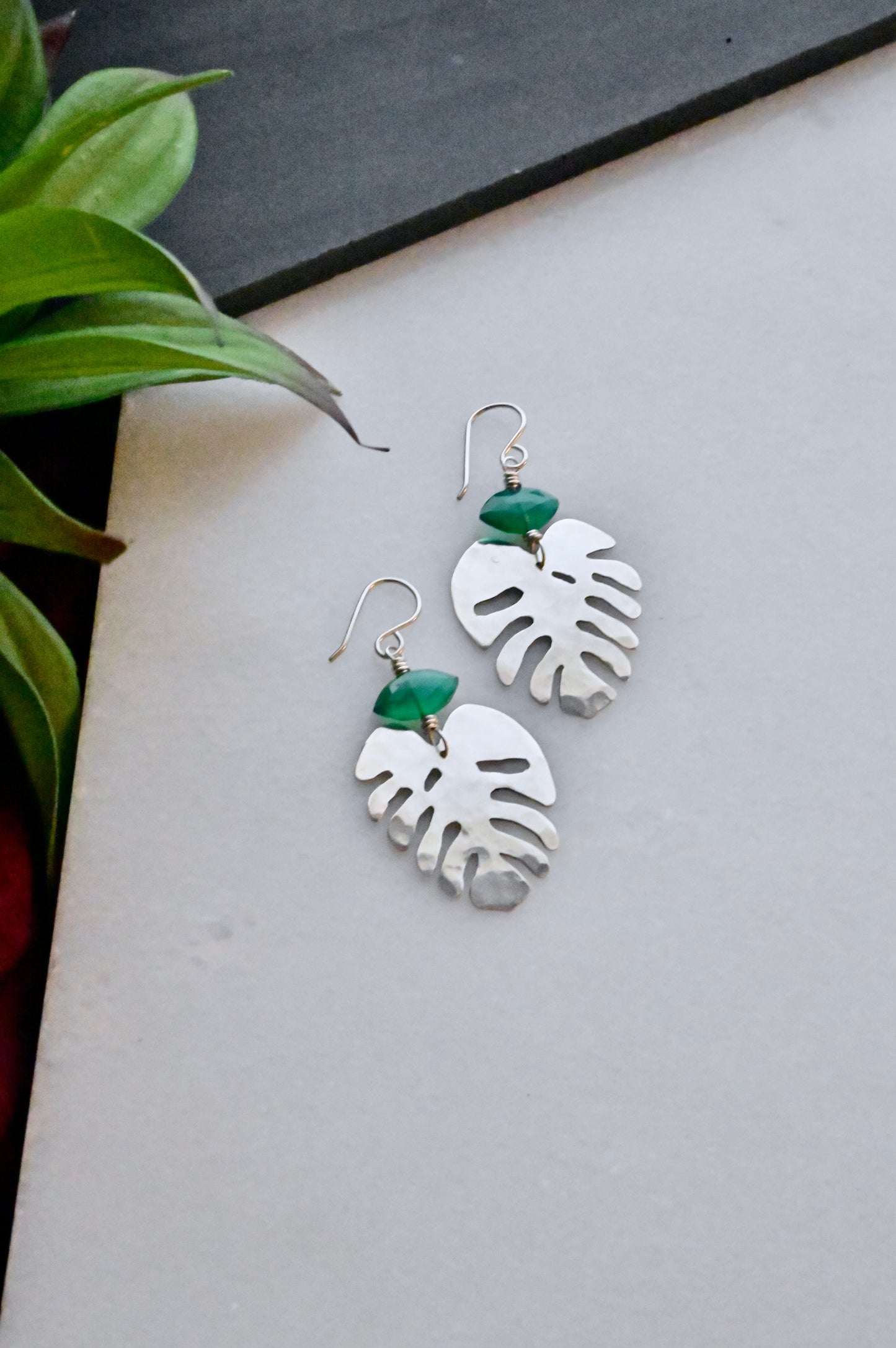 Silver Elements: Green Onyx Monstera Earrings