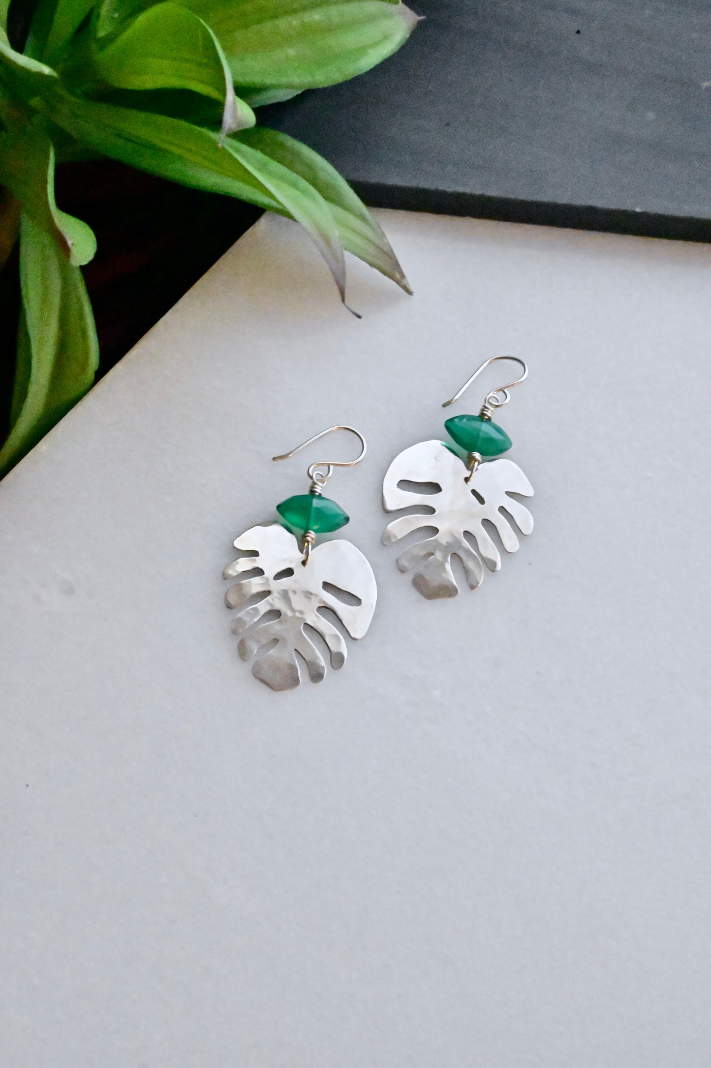 Silver Elements: Green Onyx Monstera Earrings