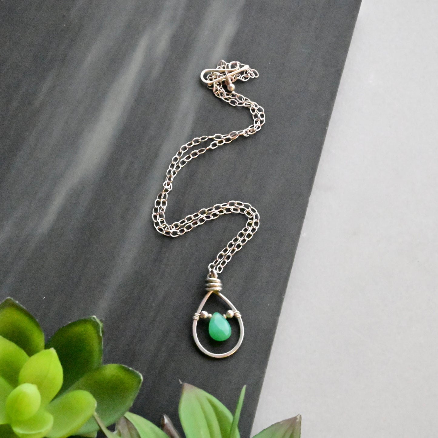 Hammered Hoops: Chrysoprase + Silver Necklace