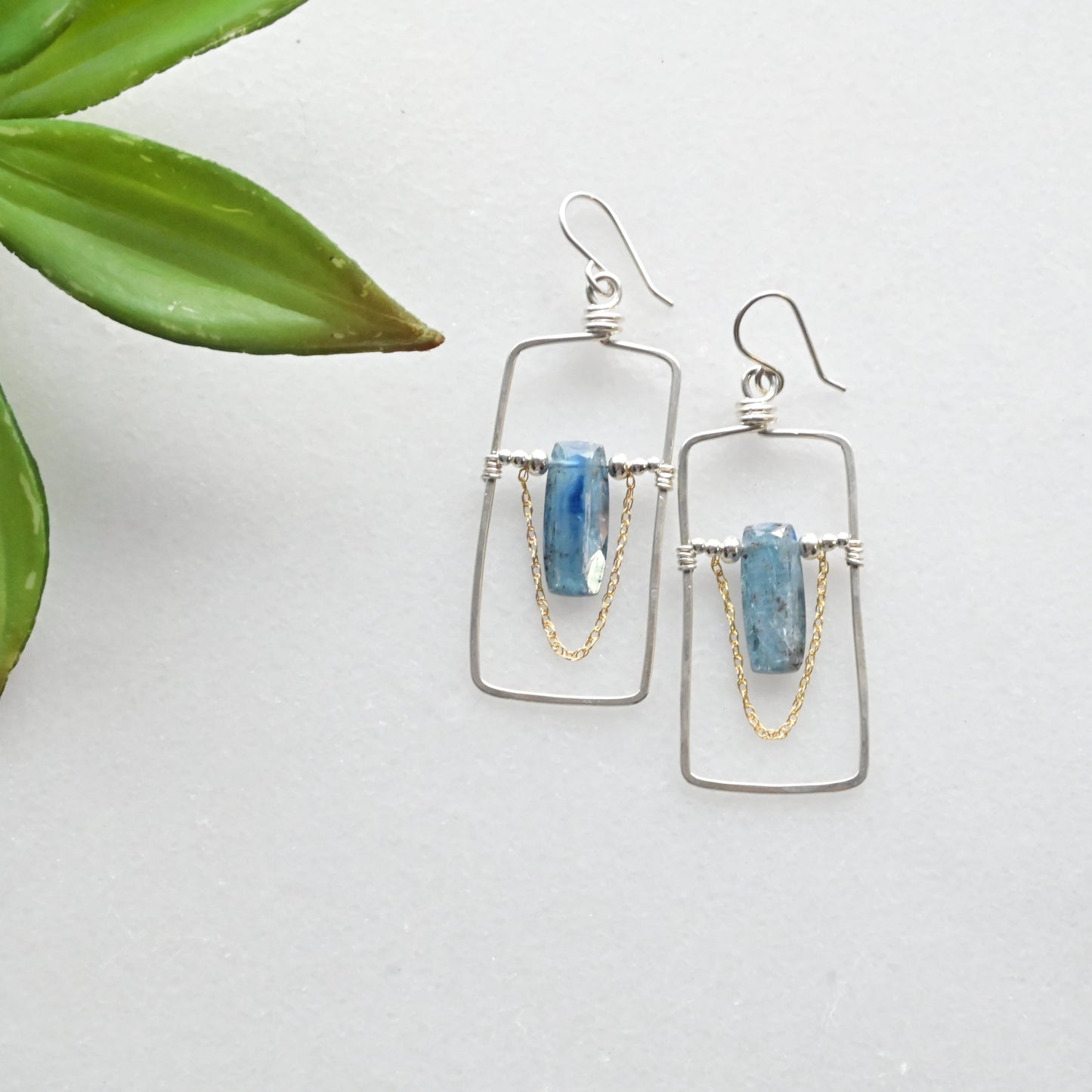 Hammered Hoops: Blue Kyanite + Silver Earrings