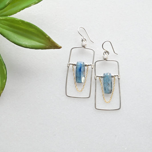 Hammered Hoops: Blue Kyanite + Silver Earrings