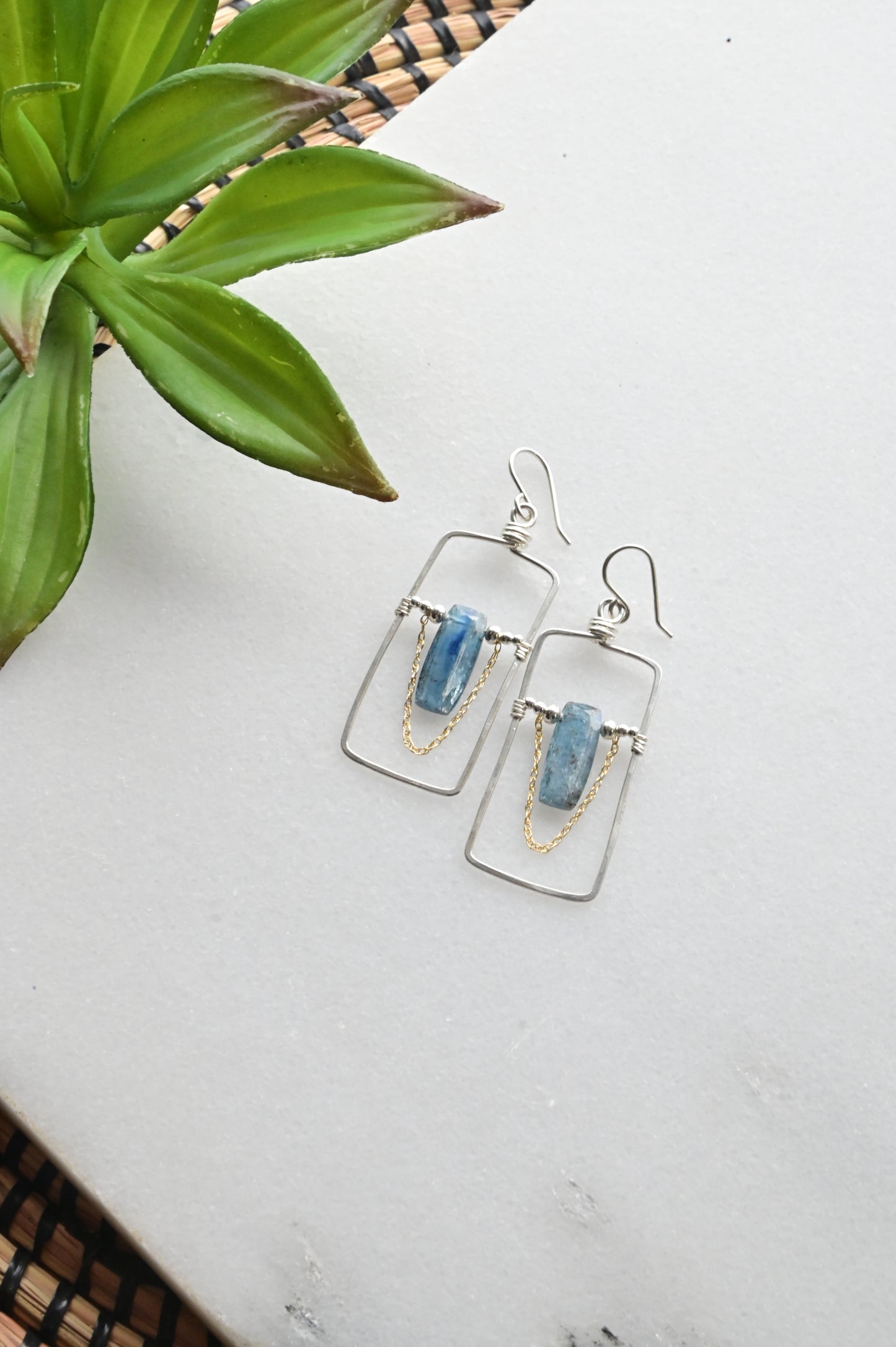 Hammered Hoops: Blue Kyanite + Silver Earrings
