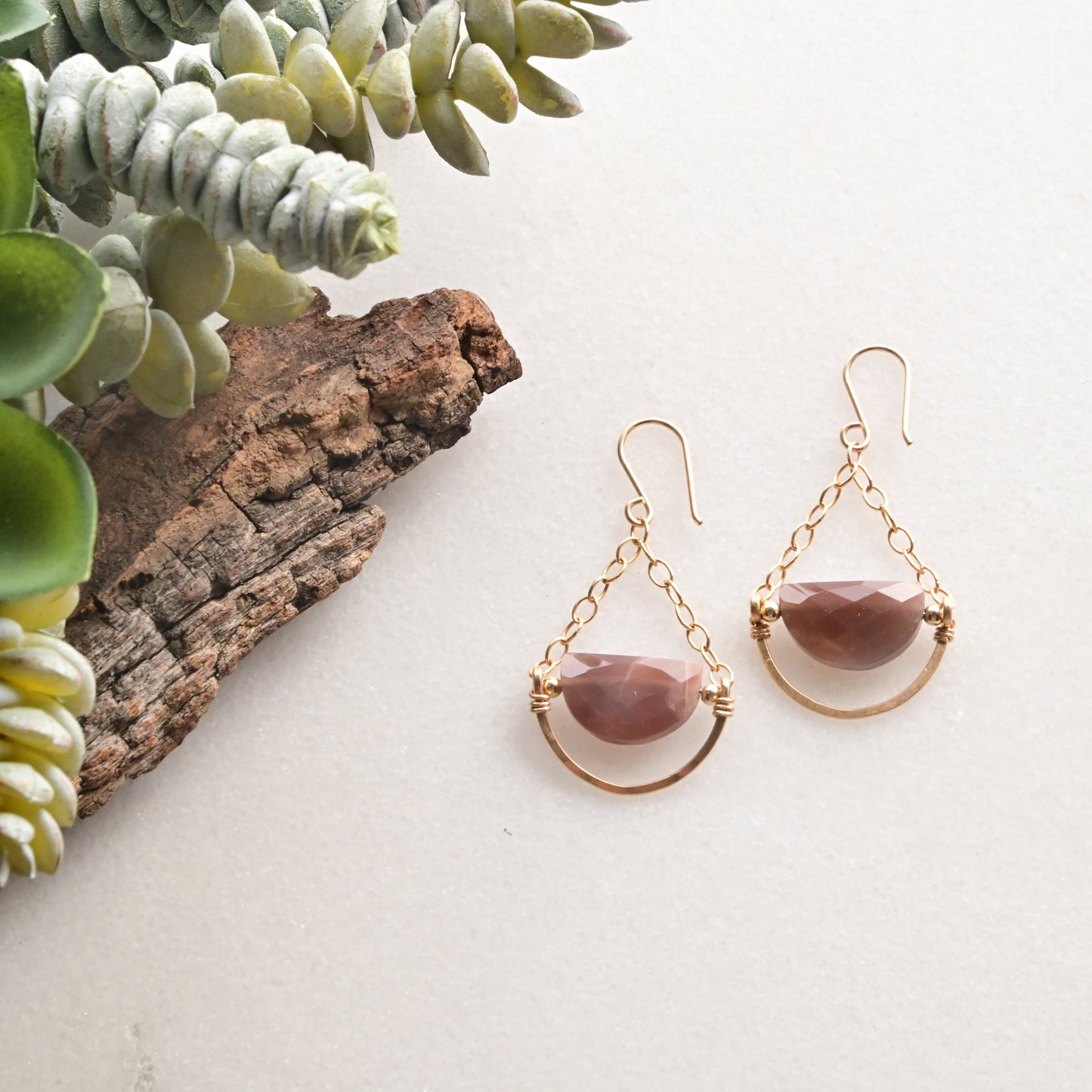 Hammered Hoop: Chocolate Moonstone + Gold