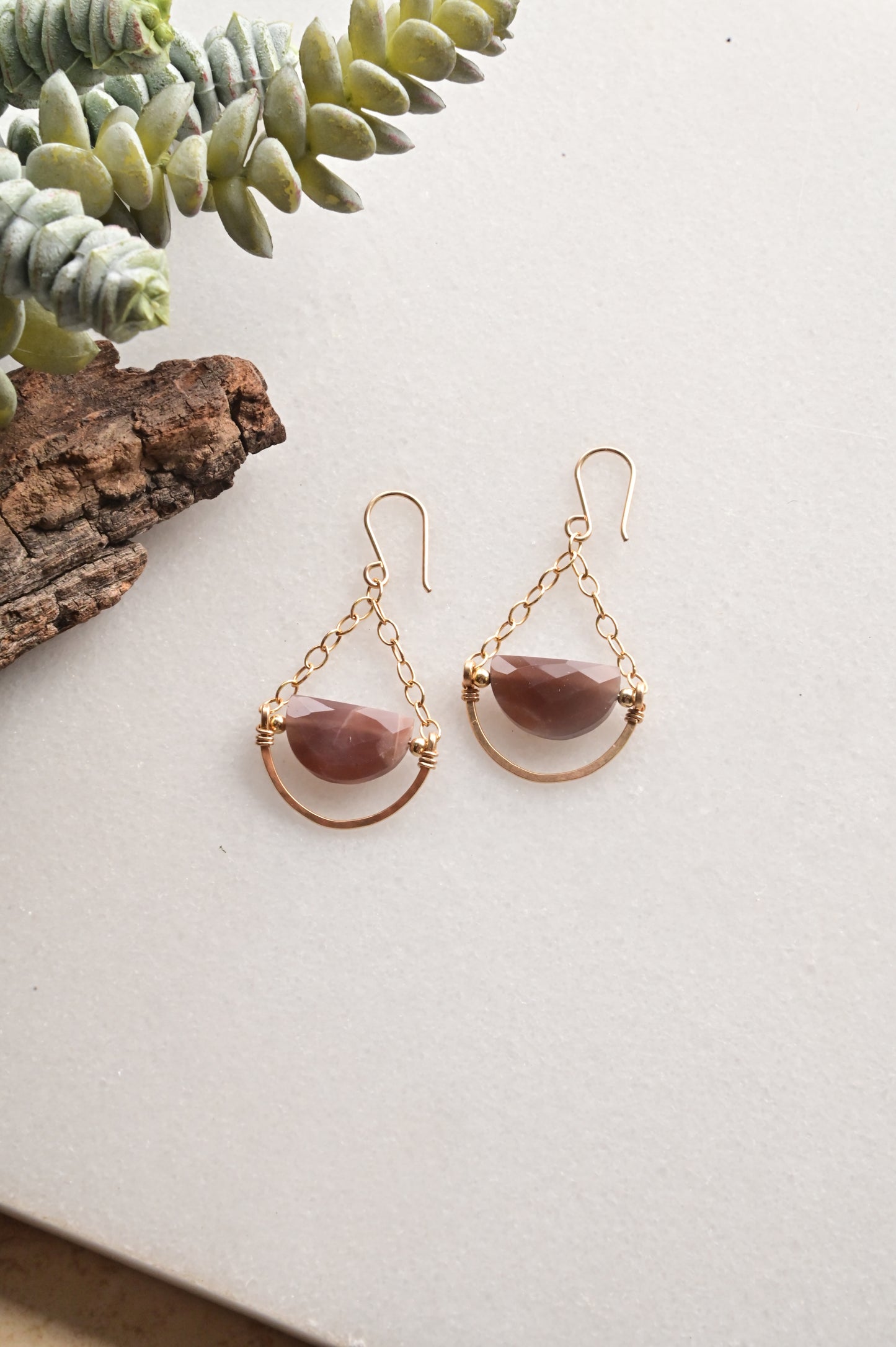 Hammered Hoop: Chocolate Moonstone + Gold