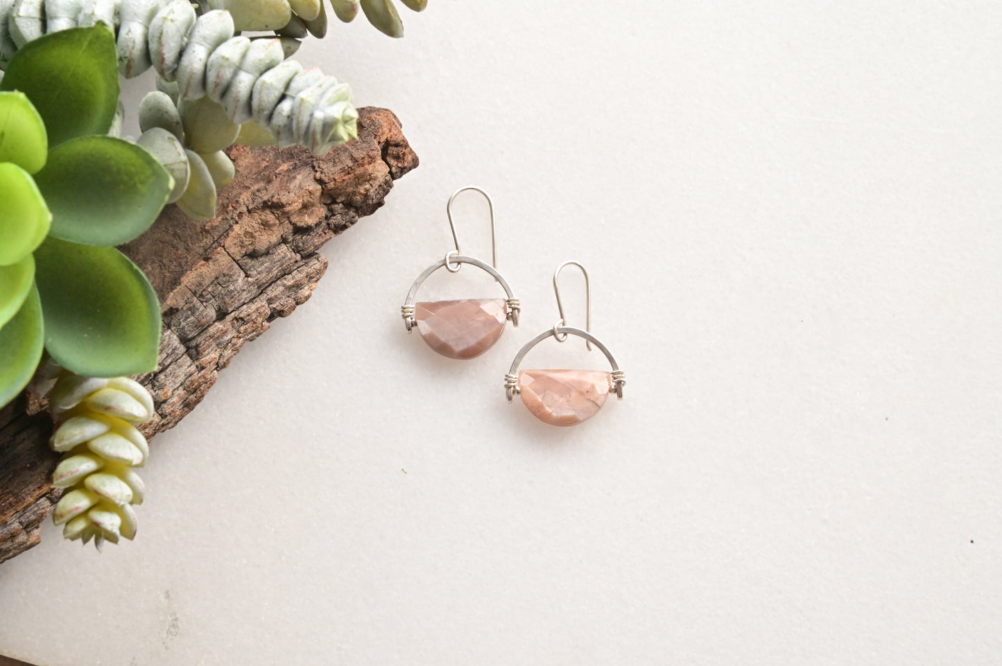 Hammered Hoops: Chocolate Moonstone + Silver Earrings