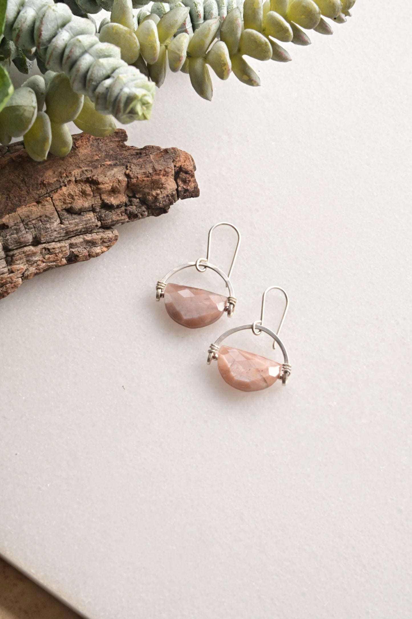 Hammered Hoops: Chocolate Moonstone + Silver Earrings