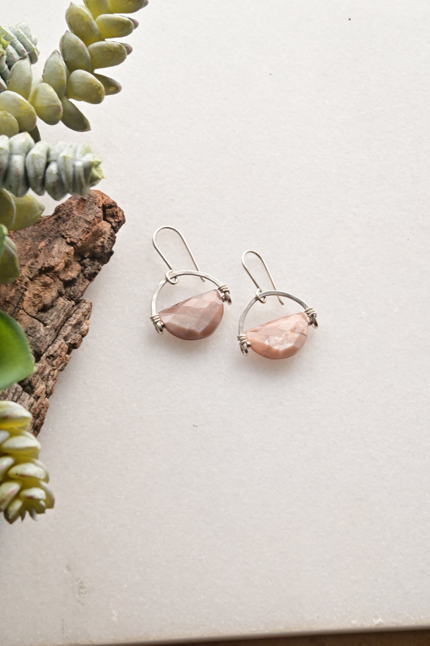 Hammered Hoops: Chocolate Moonstone + Silver Earrings