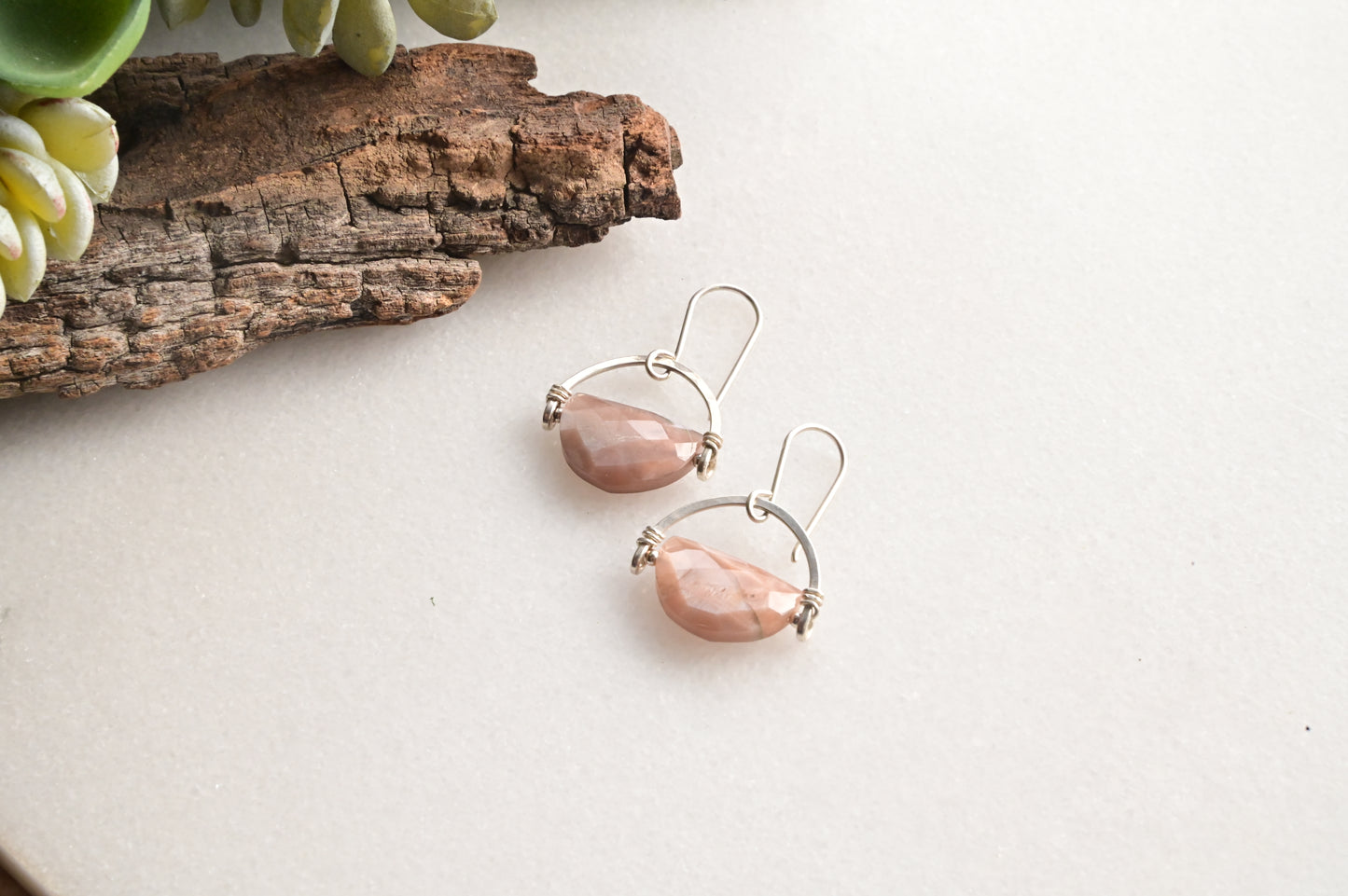 Hammered Hoops: Chocolate Moonstone + Silver Earrings