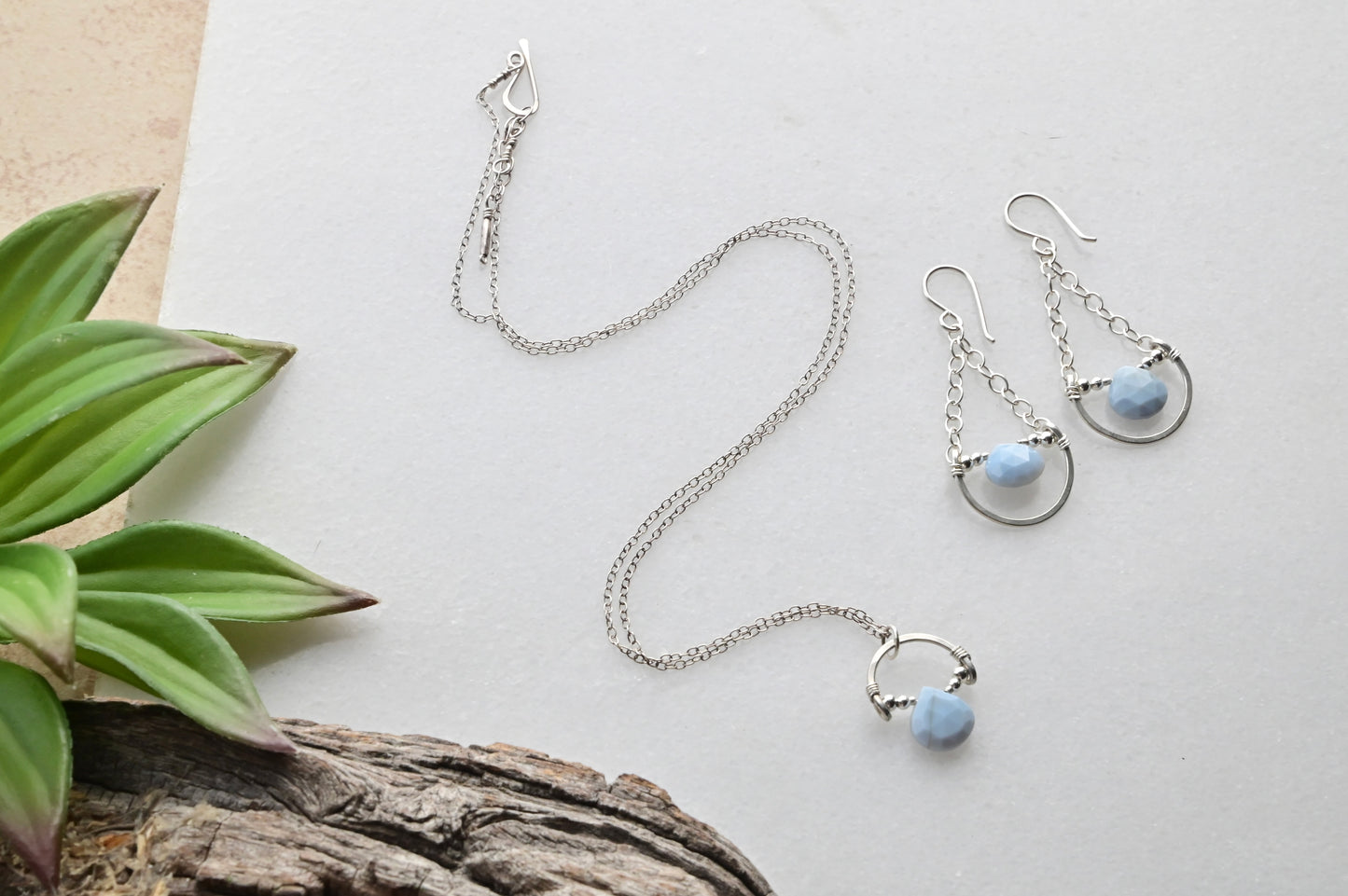Hammered Hoops: Blue Opal + Silver Necklace & Earrings